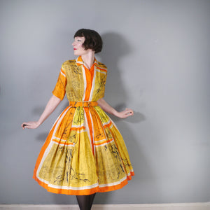 50s BRIGHT ORANGE AND YELLOW ARTISTIC NOVELTY PRINT SILKY SHIRT DRESS - S