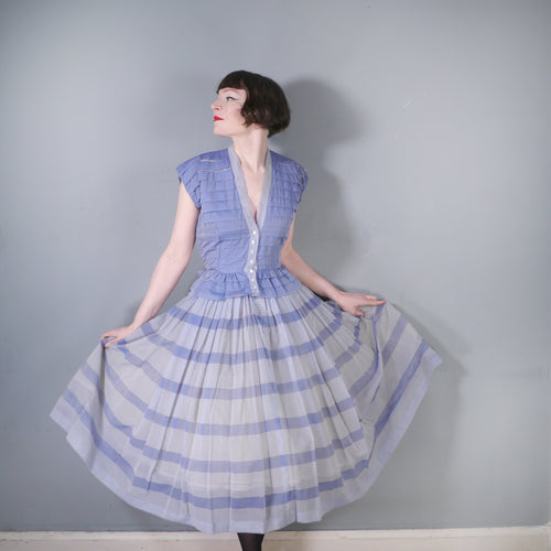 HORROCKSES FASHIONS 50s BLUE TIERED STRIPED CHIFFON PARTY DRESS - S-M