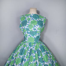 Load image into Gallery viewer, 50s 60s VIVID GREEN LARGE FLORAL PRINT FULL SKIRTED COTTON DRESS - S-M