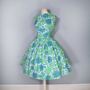 50s 60s VIVID GREEN LARGE FLORAL PRINT FULL SKIRTED COTTON DRESS - S-M