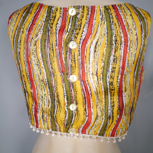 50s 60s "TREND" BEACHWEAR STRIPED CROP TOP WITH POMPOM FRINGE - S-M