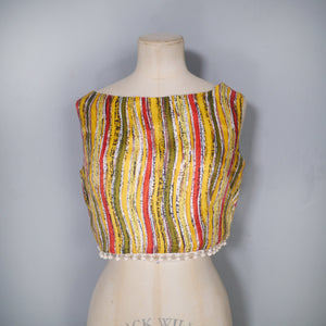 50s 60s "TREND" BEACHWEAR STRIPED CROP TOP WITH POMPOM FRINGE - S-M