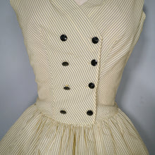 Load image into Gallery viewer, 50s SHEER YELLOW AND GREY STRIPED DAY DRESS - S