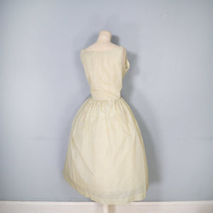 50s SHEER YELLOW AND GREY STRIPED DAY DRESS - S