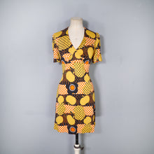 Load image into Gallery viewer, 60s 70s YELLOW BLACK AND ORANGE APPLE AND FLOWER MINI DRESS - S-M