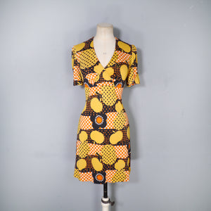 60s 70s YELLOW BLACK AND ORANGE APPLE AND FLOWER MINI DRESS - S-M