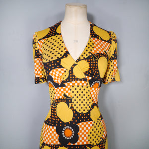 60s 70s YELLOW BLACK AND ORANGE APPLE AND FLOWER MINI DRESS - S-M