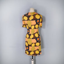 Load image into Gallery viewer, 60s 70s YELLOW BLACK AND ORANGE APPLE AND FLOWER MINI DRESS - S-M