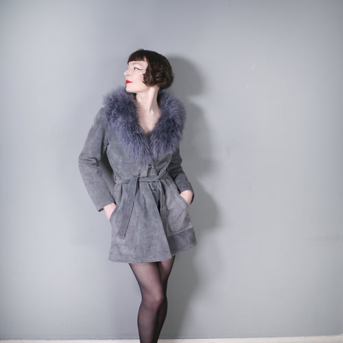 70s GREY FLEECE LINED SUEDE COAT JACKET WITH SHEEPSKIN COLLAR - M