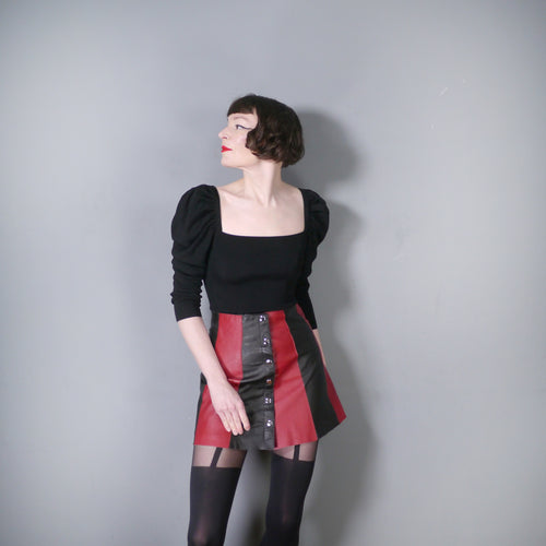 COLOURBLOCK BLACK AND RED LEATHER A-LINE 70s STYLE SKIRT - 28