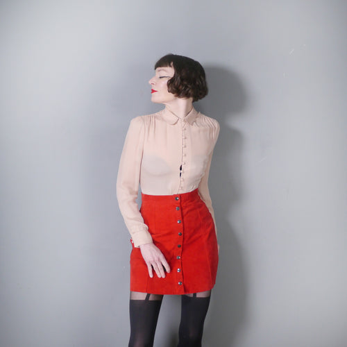 BRIGHT RED 80s POPPER FASTENED SUEDE LEATHER MINI SKIRT - 28