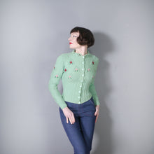 Load image into Gallery viewer, 80s PASTEL GREEN EMBROIDERED BOBBLE KNIT FOLKLORE CARDIGAN - S