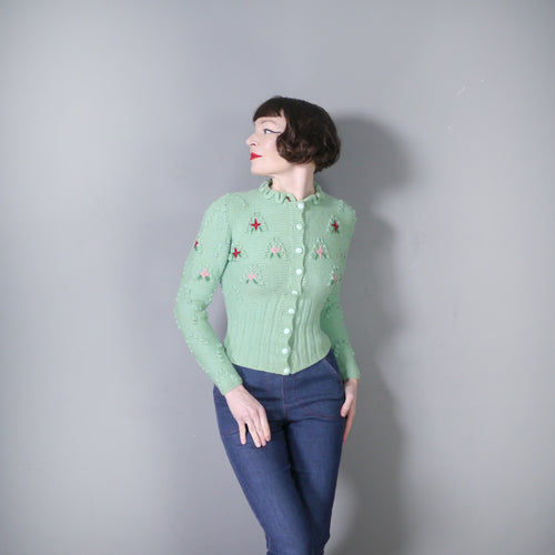 80s PASTEL GREEN EMBROIDERED BOBBLE KNIT FOLKLORE CARDIGAN - S