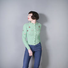 Load image into Gallery viewer, 80s PASTEL GREEN EMBROIDERED BOBBLE KNIT FOLKLORE CARDIGAN - S