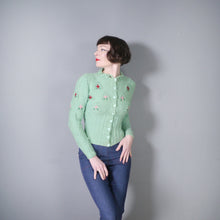 Load image into Gallery viewer, 80s PASTEL GREEN EMBROIDERED BOBBLE KNIT FOLKLORE CARDIGAN - S