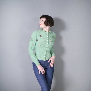 80s PASTEL GREEN EMBROIDERED BOBBLE KNIT FOLKLORE CARDIGAN - S