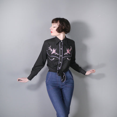 80s BLACK WESTERN SHIRT WITH SILVER BUTTERFLY EMBROIDERY - S
