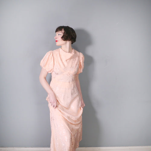 30s PEACH BIAS CUT EVENING DRESS WITH HUGE PUFF SLEEVE AND DRAPED NECK - S-M