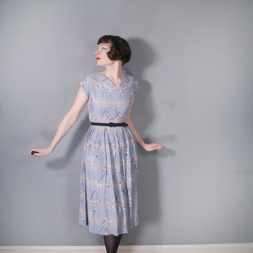 40s BLUE GREY NOVELTY PRINT DRESS WITH LADIES AND DOGS AND CARRIAGES - S