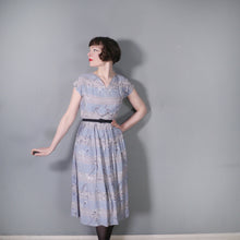 Load image into Gallery viewer, 40s BLUE GREY NOVELTY PRINT DRESS WITH LADIES AND DOGS AND CARRIAGES - S