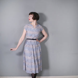 40s BLUE GREY NOVELTY PRINT DRESS WITH LADIES AND DOGS AND CARRIAGES - S