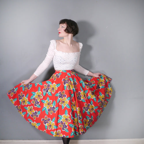 RED EXOTIC BOLD FLORAL PRINT 50s STYLE CIRCLE SKIRT - 27
