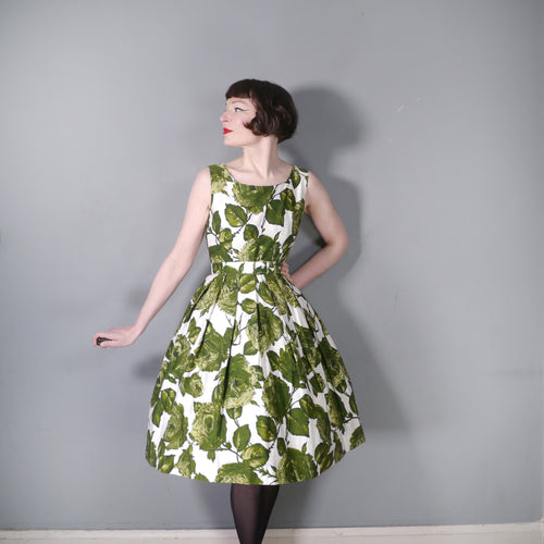 50s 60s GREEN HUGE ROSE PRINT BELTED COTTON DAY DRESS - S