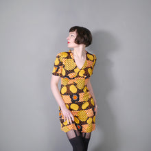 Load image into Gallery viewer, 60s 70s YELLOW BLACK AND ORANGE APPLE AND FLOWER MINI DRESS - S-M