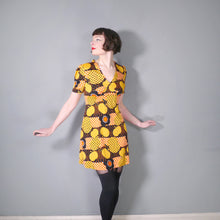 Load image into Gallery viewer, 60s 70s YELLOW BLACK AND ORANGE APPLE AND FLOWER MINI DRESS - S-M