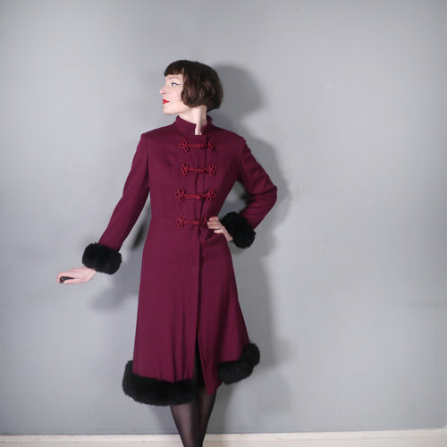 70s WINE RUSSIAN STYLE COAT WITH FROG FASTENING AND SHEEPSKIN TRIM - M