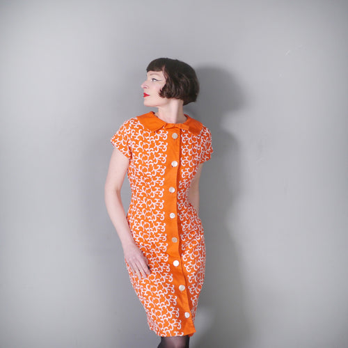 50s 60s ORANGE EMBROIDERED WIGGLE DRESS WITH COLLAR AND BOW - S-M