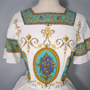 50s WHITE COTTON DAY DRESS WITH ORNATE BAROQUE BORDER PRINT - S