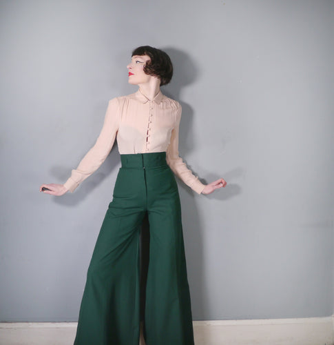 70s HUGE WIDE LEG HIGH WAISTED GREEN FLARED TROUSERS - XS