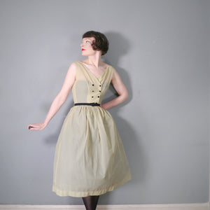 50s SHEER YELLOW AND GREY STRIPED DAY DRESS - S