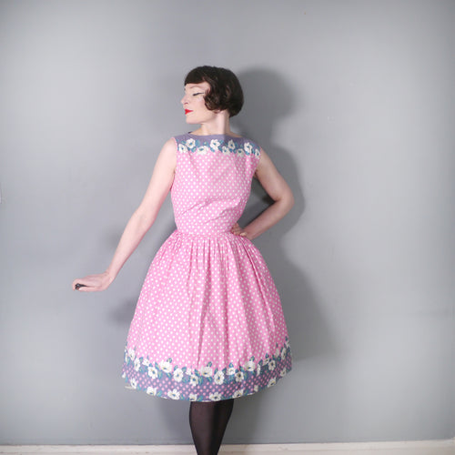 50s PINK POLKA DOT AND GREY BORDER FLORAL PRINT COTTON DAY DRESS - S
