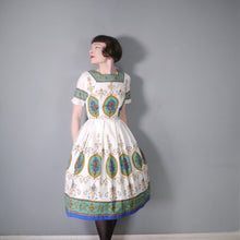 Load image into Gallery viewer, 50s WHITE COTTON DAY DRESS WITH ORNATE BAROQUE BORDER PRINT - S