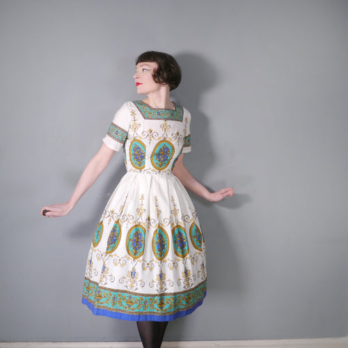 50s WHITE COTTON DAY DRESS WITH ORNATE BAROQUE BORDER PRINT - S