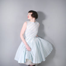 Load image into Gallery viewer, 50s 60s PASTEL BLUE LACE RIBBON DETAIL PLEATED CIRCLE DRESS - XS
