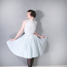 Load image into Gallery viewer, 50s 60s PASTEL BLUE LACE RIBBON DETAIL PLEATED CIRCLE DRESS - XS