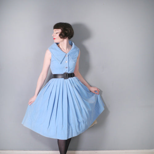 50s PASTEL BLUE CORD FULL SKIRTED DRESS BY A DIANA DRESS - XS
