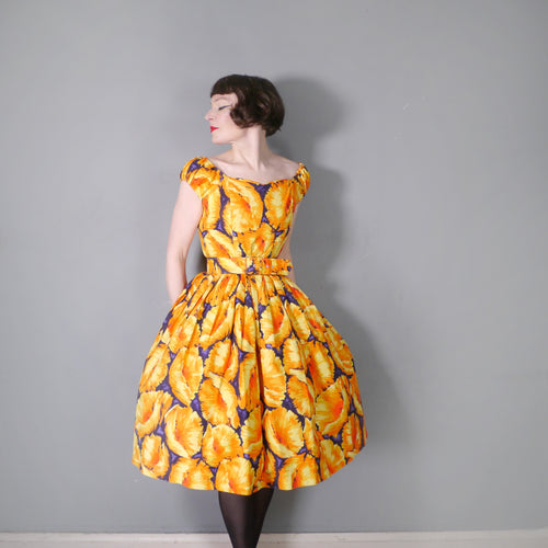 50s VIVID ORANGE AND YELLOW FLORAL PRINT SUN DRESS WITH BELT - S