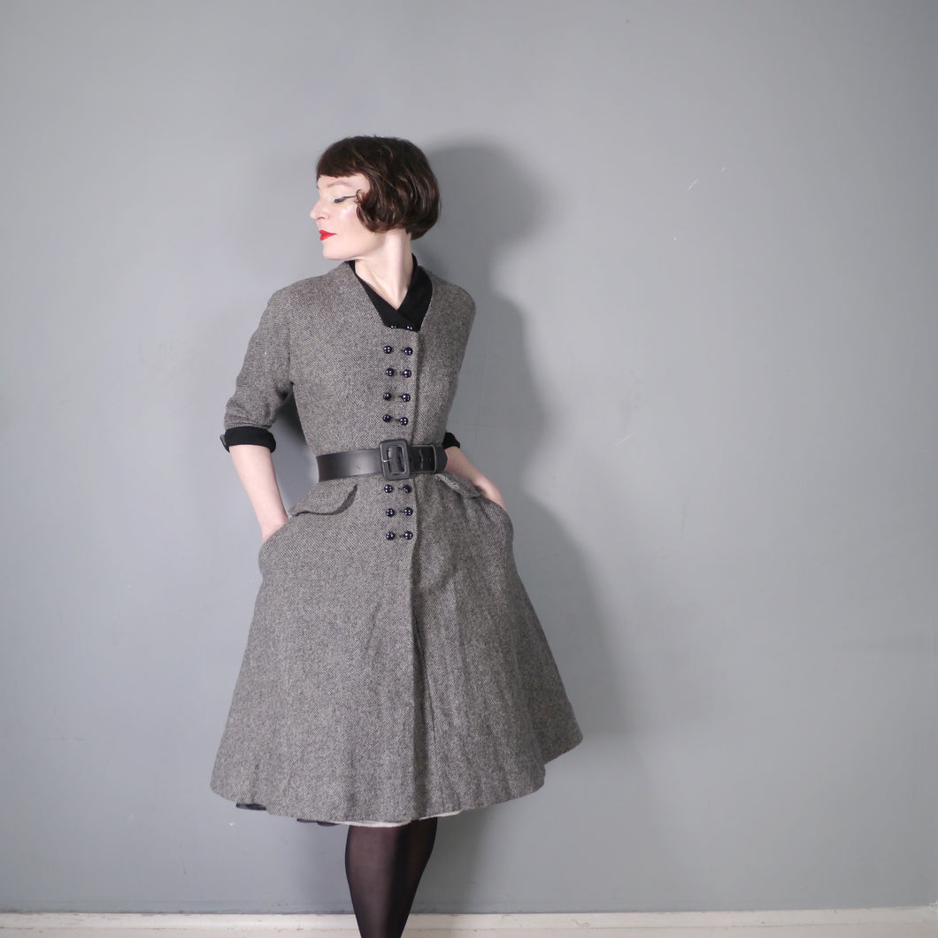 70s does 40s / 50s GREY WOOL FIT AND FLARE NEW LOOK STYLE DRESS - XS