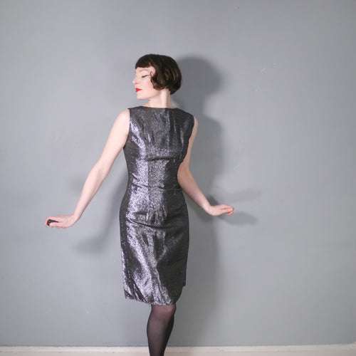 60s SILVER AND BLACK LUREX METALLIC WIGGLE DRESS - S