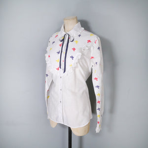 70s ROCKMOUNT RANCH WEAR BUTTERFLY EMBROIDERED  RUFFLED WESTERN SHIRT - M-L