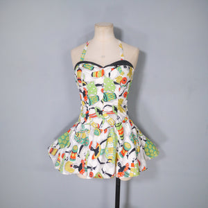 50s SHIRRED COTTON NOVELTY DRUMMER LADY PRINT SWIMSUIT - S