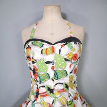 Load image into Gallery viewer, 50s SHIRRED COTTON NOVELTY DRUMMER LADY PRINT SWIMSUIT - S