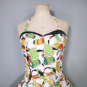 50s SHIRRED COTTON NOVELTY DRUMMER LADY PRINT SWIMSUIT - S