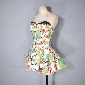 50s SHIRRED COTTON NOVELTY DRUMMER LADY PRINT SWIMSUIT - S