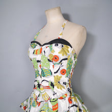 Load image into Gallery viewer, 50s SHIRRED COTTON NOVELTY DRUMMER LADY PRINT SWIMSUIT - S