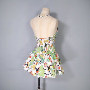 50s SHIRRED COTTON NOVELTY DRUMMER LADY PRINT SWIMSUIT - S